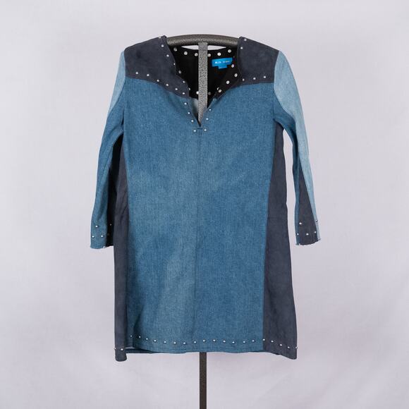 MiH London Retro Denim & Blue Suede Patchwork Dress MEDIUM Studded Indie Western - Picture 1 of 10